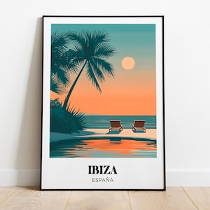 Póster de viaje a Ibiza, ilustración de Ibiza, póster de viaje a España, impresión de Ibiza, regalo de viaje a Ibiza, recuerdo de Ibiza, póster de puesta de sol