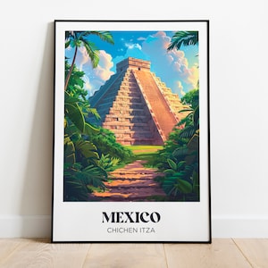 Póster de viaje a Chichén Itzá, México - Ilustración de Chichén Itzá - Póster de viaje a una maravilla del mundo - Regalo de viaje a México