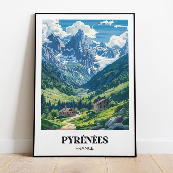Póster de montaña de los Pirineos, ilustración de montaña de los Pirineos, póster de viaje a los Pirineos, impresión de los Pirineos, decoración de chalet de esquí de montaña