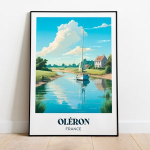 Poster di viaggio Oléron, Isola di Oléron, Charente-Maritime, Marennes Oléron, barca, La Rochelle - Illustrazione - Poster di viaggio retrò vintage