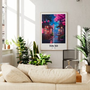 Pu&ograve; includere: Un poster incorniciato con un'illustrazione colorata di una scena di strada a Tokyo, Giappone. Il poster ha il testo "TOKYO" e "GIAPPONE" stampato su di esso.