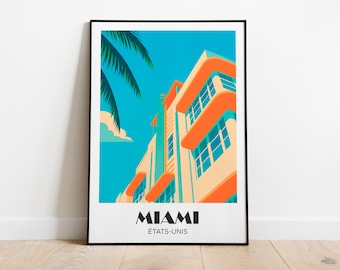 Puede incluir: Un póster enmarcado que presenta una ilustración estilizada de un edificio en Miami. La obra de arte muestra un edificio con detalles en naranja sobre un cielo azul, con hojas de palmera en la esquina superior izquierda. El texto "MIAMI ÉTATS-UNIS" está en la parte inferior.