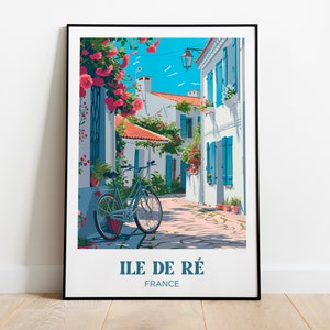 Affiche voyage ile de Ré, Saint-Martin-de-Ré, Charente-maritime, La Rochelle - Illustration maison de vacances - Travel poster rétro vintage