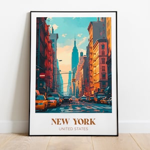 Peut inclure: Une illustration colorée d'une rue de New York avec de grands immeubles et des taxis jaunes. Le texte "NEW YORK" et "UNITED STATES" est en bas de l'image.