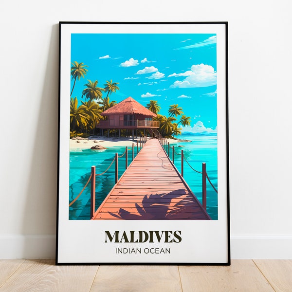 Maldives Travel Poster,Indian ocean Wall Art Print,Maldives Painting Illustration,Printable Tropical Watercolor Home Deco - Gift honey moonr