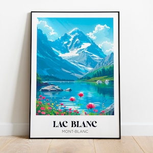 Manifesto turistico Lac Blanc, Chamonix, Alpi Francia - Manifesto di montagna - Decorazione di uno chalet di montagna - Illustrazione - Manifesto turistico retrò