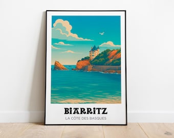 Puede incluir: Un póster enmarcado con una escena costera de Biarritz, Francia. La obra de arte representa un edificio en un acantilado, con el texto "BIARRITZ LA CÔTE DES BASQUES" en la parte inferior. La imagen tiene una paleta de colores azul y naranja.