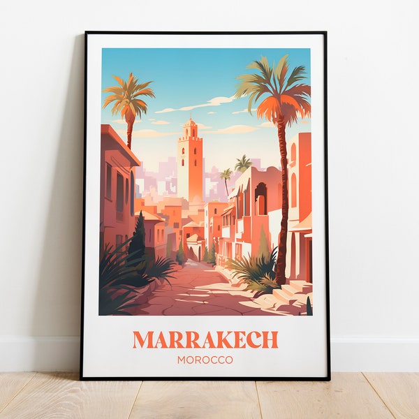 Affiche voyage Marrakech, Maroc, Medina - Décoration Murale - Illustration - Décoration marocaine - Affiche minimaliste retro vintage