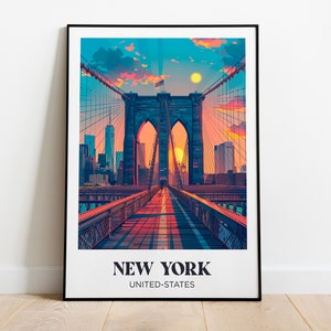 Affiche voyage New York City, États-Unis, Illustration pont de Brooklyn, poster de voyage New York, cadeau voyage États-Unis