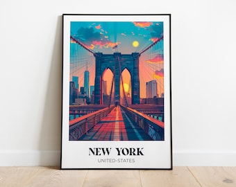 Póster de viaje de Nueva York, Estados Unidos, ilustración del puente de Brooklyn, póster de viaje de Nueva York, regalo de viaje de Estados Unidos