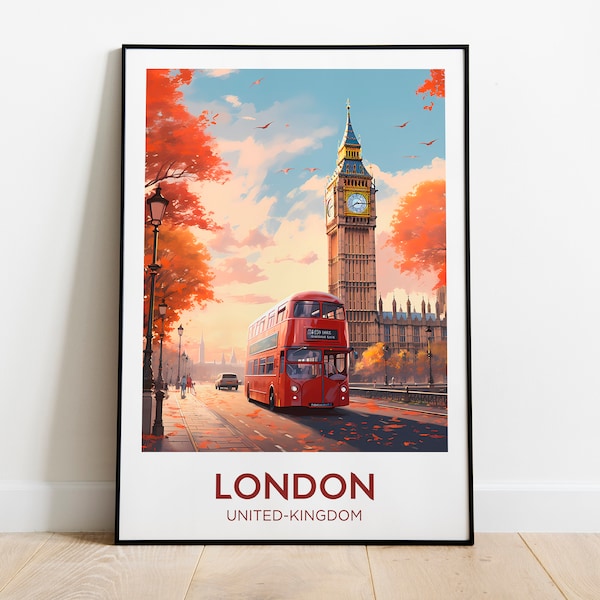 Affiche voyage Londres, Bus londonien, Big Ben, Angleterre - Décoration Murale - Illustration - Affiche retro vintage - Poster voyage