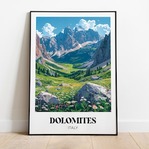 Póster de viaje a las Dolomitas, ilustración de las Dolomitas, póster de viaje a Italia, impresión de las Dolomitas, regalo de viaje a las Dolomitas, recuerdo de las Dolomitas