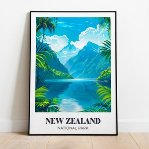 Póster de viaje a Nueva Zelanda, ilustración de Nueva Zelanda, Océano Pacífico - Póster de viaje a Nueva Zelanda