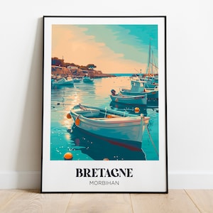 Póster de viaje a Bretaña, ilustración de Morbihan, póster de viaje a Bretaña, póster de barco, decoración del hogar en Bretaña