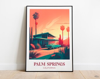Reisposter Palm Springs, Amerikaanse stad, VS, Californië, zonsondergang - Illustratie - Reisposter retro jaren 80