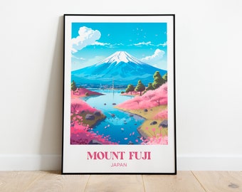 Puede incluir: Una ilustración colorida del Monte Fuji en Japón, con un lago azul en primer plano y flores de cerezo rosas en flor. El texto "MOUNT FUJI JAPAN" está en la parte inferior de la imagen.