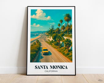 Póster de viaje de Santa Mónica, ilustración de California, decoración de California, póster de viaje de California, regalo de viaje de California