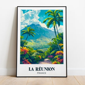 Poster di viaggio Isola della Riunione, Piton de la Fournaise - Illustrazione - Poster di viaggio retrò - Poster di viaggio - Regalo unico e originale