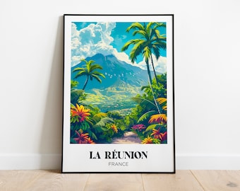 Piton de la Fournaise Travel Poster,Tropical Wall Art Print,Palm trees Painting Illustration,Printable La Réunion Watercolor Home Decor