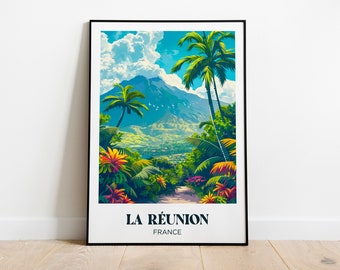 Piton de la Fournaise Travel Poster,Tropical Wall Art Print,Palm trees Painting Illustration,Printable La Réunion Watercolor Home Decor