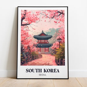 Manifesto turistico della Corea del Sud, illustrazione di Seul, decorazione del manifesto della Corea del Sud, manifesto turistico del tempio coreano, regalo di viaggio della Corea del Sud