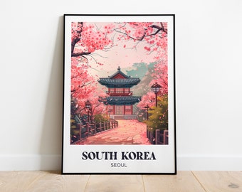 Manifesto turistico della Corea del Sud, illustrazione di Seul, decorazione del manifesto della Corea del Sud, manifesto turistico del tempio coreano, regalo di viaggio della Corea del Sud