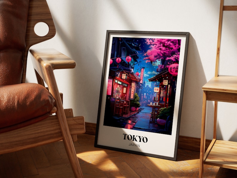Pu&ograve; includere: Una stampa incorniciata di una scena notturna colorata a Tokyo, Giappone. La stampa presenta una strada stretta fiancheggiata da edifici tradizionali giapponesi, lanterne luminose e un albero di ciliegio in fiore. Il testo "TOKYO JAPAN" &egrave; stampato nella parte inferiore della stampa.