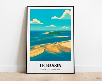 Puede incluir: Una impresión artística enmarcada que representa un paisaje costero con cielo azul, nubes y océano. La obra de arte representa una playa de arena y una pequeña isla. El texto en la parte inferior dice "LE BASSIN CÔTE ATLANTIQUE."
