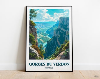 Peut inclure: Une affiche représentant une vue panoramique des Gorges du Verdon en France. L'affiche montre un canyon profond avec une rivière qui serpente à travers lui, entouré de falaises rocheuses et d'une végétation luxuriante. Le ciel est bleu vif avec des nuages blancs moelleux. Le texte "Gorges du Verdon" et "France" est imprimé en lettres bleues audacieuses en bas de l'affiche.