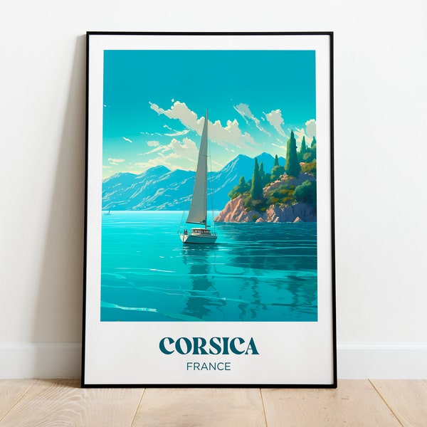 Affiche voyage Corse, bateau sur la Méditérannée bleu, île de beauté - Décoration Murale - Illustration - Travel poster vintage