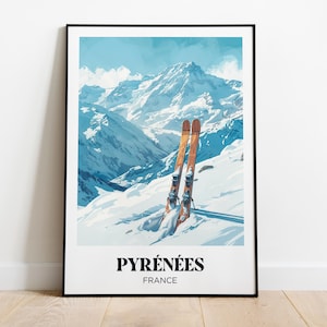 Póster de montaña de los Pirineos, ilustración de montaña de los Pirineos, póster de viaje a los Pirineos, impresión de los Pirineos, decoración de chalet de esquí de montaña