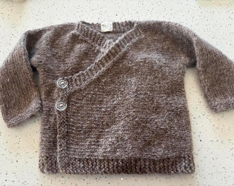 Hand-knitted baby wrap-style cardigan -  90% alpaca