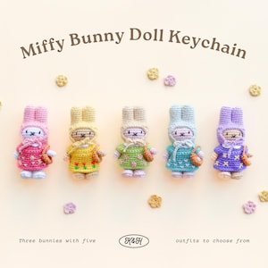Small Miffy Bunny Crochet Doll Keychain • cute cozy handmade bunny character accessory charm with five pastel outfits