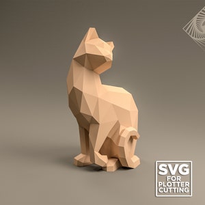May include: A geometric cat sculpture in a light tan color, with a polygonal design. The cat is sitting upright with its tail curled. The image includes the text "SVG for plotter cutting".