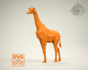 May include: A geometric giraffe sculpture in orange. The giraffe is constructed from numerous flat, angular planes, creating a modern, low-poly aesthetic. The image also features the text "SVG for plotter cutting".