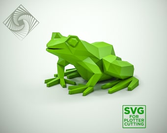 May include: A geometric, green frog sculpture. The frog is made of angular shapes, giving it a modern, low-poly appearance. The image includes the text "SVG FOR PLOTTER CUTTING".