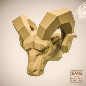 May include: A 3D model of a ram's head, rendered in a light brown color. The model is made up of many polygons, giving it a geometric look. The ram's horns are curled and point upwards. The model is suitable for laser cutting or plotter cutting.