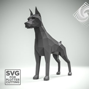 Puede incluir: Escultura geométrica y poligonal de un perro en tonos grises. El perro está de pie con las orejas erguidas. La imagen incluye el texto "SVG FOR PLOTTER CUTTING" en un recuadro.