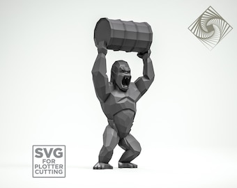 3D Papierskulptur Kit: Kong mit Fass, PDF und SVG Dateien (Digitaler Download)
