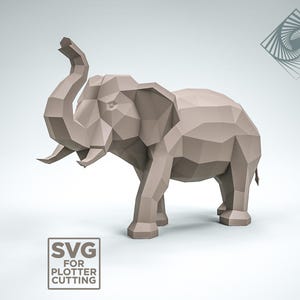 May include: A low-poly style 3D model of an elephant, rendered in a light grey colour. The elephant is standing with its trunk raised in the air.