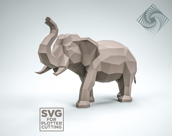 May include: A low-poly style 3D model of an elephant, rendered in a light gray color. The elephant is standing with its trunk raised in the air.