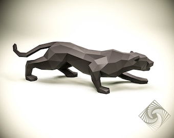 May include: A dark gray, geometric papercraft panther sculpture. The panther is depicted in a stalking pose, with its body low to the ground and tail curved upwards. The sculpture is made of angular, flat planes.