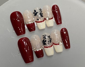 Earl Grey Press On Nails - jaren 2000 stijl Press On Nail, Y2K Cute Nail Art, schattige, chique en gemakkelijke nagels, rode Ombre nagelset, handgeschilderde nagels