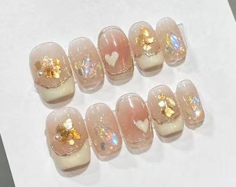 Gold Chrome Little Heart Press On Nails, Short Nails, Gel Nails, Heart Nails, Y2K Pink Gradient Nails, Shell Halo Nails, Custom NAIL SHAPE