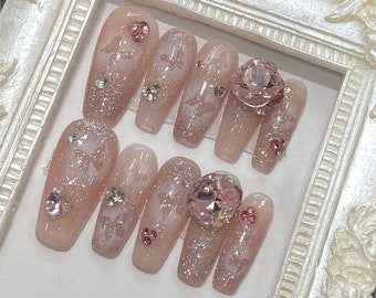 Pink Hollow Out Butterfly Nails - Pink Ombre Glitter Sequin Bow Gem Press On Nails, 3D Large Diamond Sparkles Coffin Nails, Luxury Y2K Nails