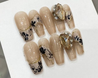 Style libre avec gel 3D et strass Forme personnalisée Appuyez sur les ongles, Faux ongles gothiques peints à la main, Ongles emo chrome Y2K, Décoration d'ongles des Fêtes,