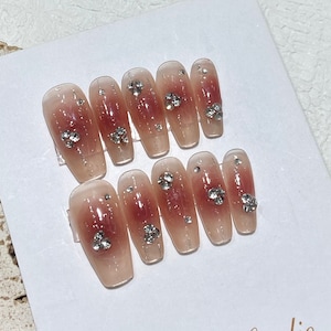 Rose Pink Brush Silver Star Press On Nails, Spring Y2K Fancy Nails, Princess Nails, Elegant Nail, Wedding Nails, Sweet Birthday Party nails