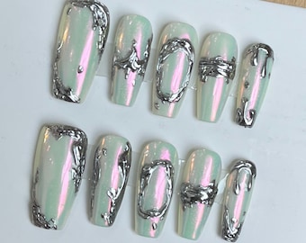 Silver Liner Chrome Pearl Powder Aurora Nails, Pearl White Almond Nails, Argyle Fake Nails, Handmade Press on Nails, y2k Faux Acrylic Nails
