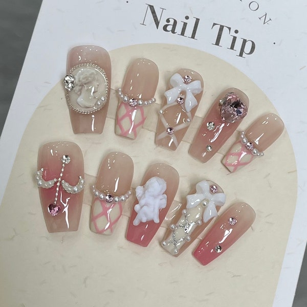 Presse perle dégradé rose sur les ongles, ange 3D Cupidon plâtre strass faux ongles, ongles grunge peints à la main, cadeau de princesse pour son ongle