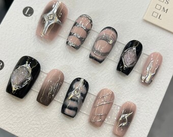 Glitter Black and Pink press on nails, Custom nail shape, 3D Silver Chrome nails, Aura gyaru nails, y2k nails, birthday free style nails